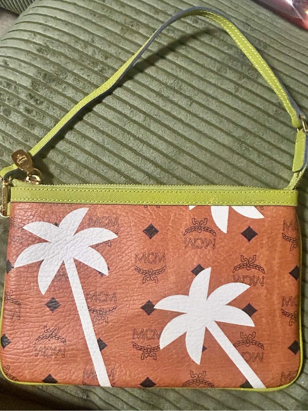 MCM Orange Palm-Print Small Handbag with Lime Trim